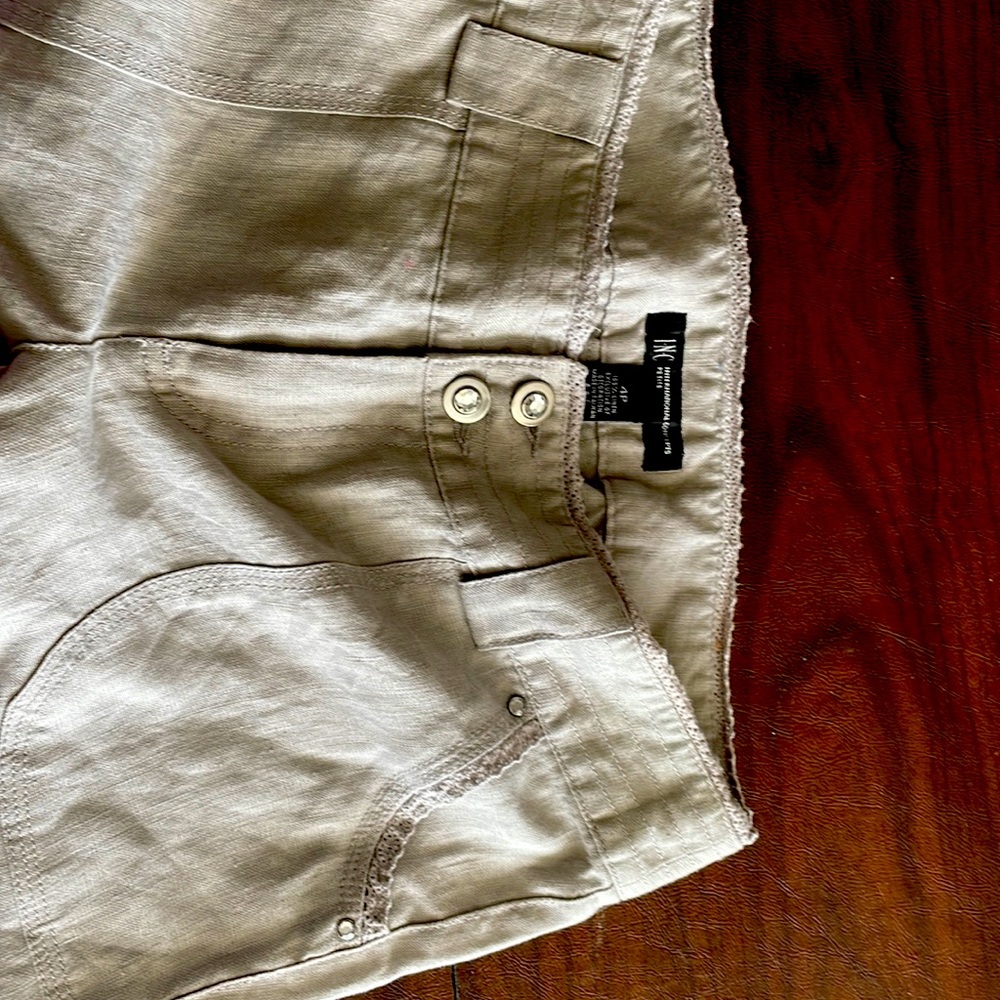 Inc 100% linen pants in cream with rhinestone and eyelit lace detail